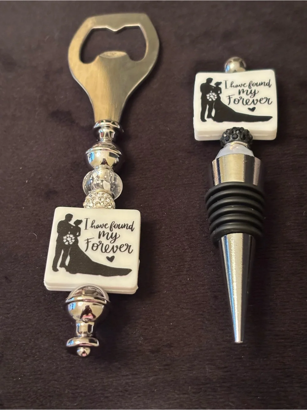 Wedding Bottle Stopper and Opener Set - White 'I Have Found My Forever'